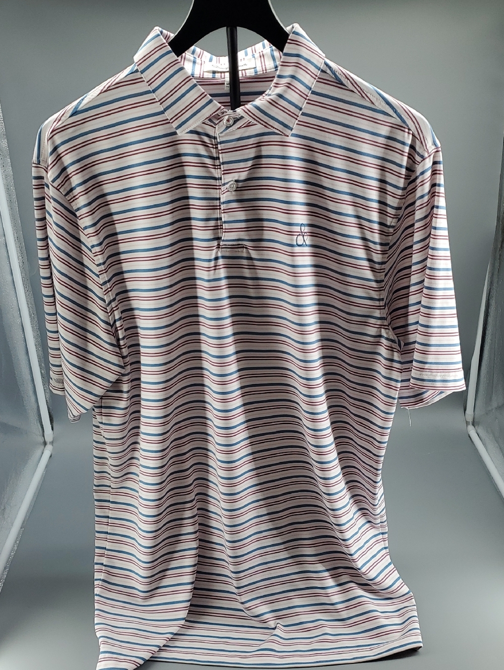 Straight Down Men's Striped Polo Shirt - White with Blue & Pink Stripes